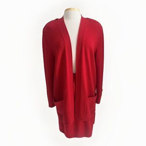 ST JOHN Skirt Suit, Red Santana Knit, Sweater Size L, Skirt Size 12, REPAIR